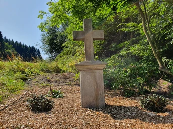 Kreuz am Bickelberg Steinernes Kreuz auf einer Anhöhe umgeben von Bäumen und Grün, mit Lichtspiel der Sonne.