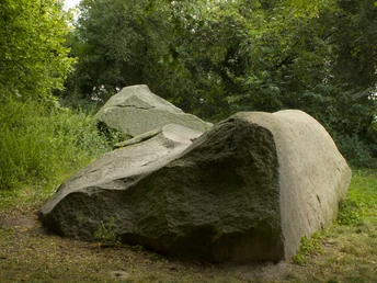 Johannissteine_04©Tourist-Information Lage.jpg Große, moosbedeckte Felsformation im Grünen, umgeben von dichtem Laubwerk und schattigem Wald.