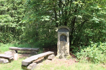 Pater-Beda-Gedenkstein Gedenkstein im Wald zu Ehren von Pater Beda, flankiert von Holzbänken, umgeben von dichter Vegetation.