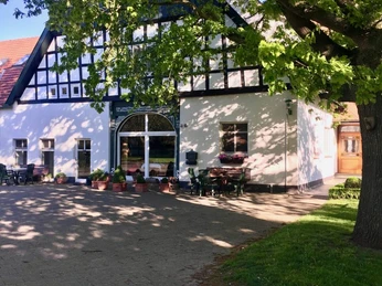 Ein traditionelles Fachwerkhaus mit strahlender weißer Fassade unter einer großen, grünen Eiche.