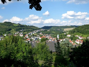 Dorfansicht.JPG Dorfansicht Häuser und Kirche Dalhausen, umgeben von Bäumen und Bergen