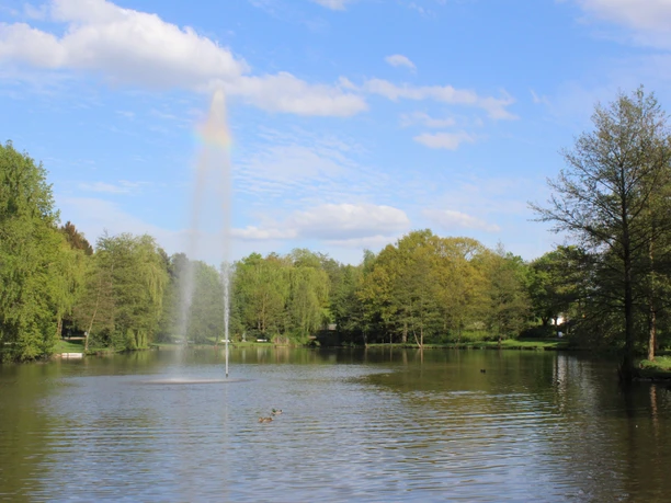 Ein ruhiger See mit einer hohen Wasserfontäne, umgeben von üppigem Grün und vereinzelten Enten.