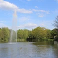 Seekurpark Ein ruhiger See mit einer hohen Wasserfontäne, umgeben von üppigem Grün und vereinzelten Enten.