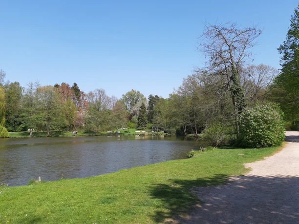 Rundweg um den Seekurpark Ein Rundweg führt vorbei an einem ruhigen See, umgeben von Bäumen und grünen Wiesen.