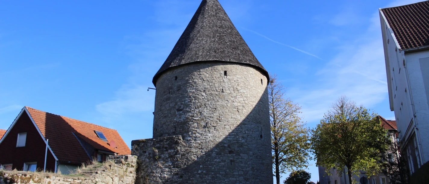 Eulenturm Runder, steinerner Turm mit spitzem Dach, umgeben von Mauerresten und modernen Gebäuden im Hintergrund.