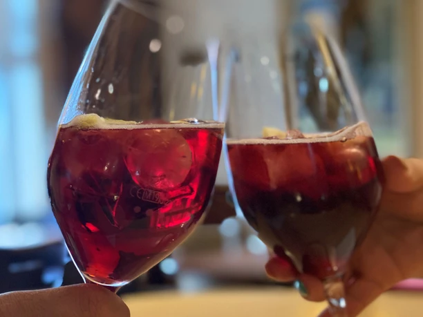 Zwei Personen stoßen mit Gläsern Rotwein in gemütlicher Umgebung an, leuchtender Farbton des Weins.