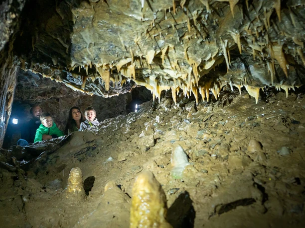 Visitors explore a natural cave with stalactites and rough, clayey surroundings.