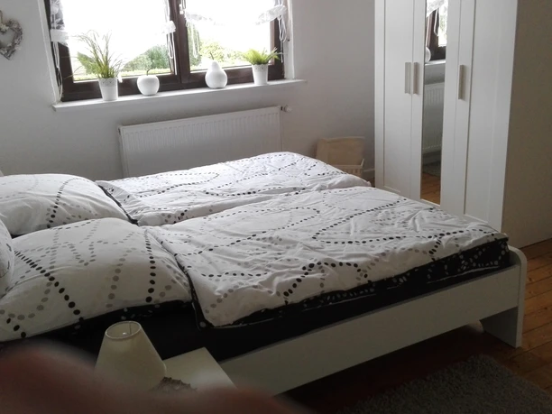 Helles Schlafzimmer mit Doppelbett, Holzboden und Fenster mit Pflanzen. Einfaches, modernes Design.
