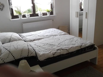 FeWo_Büsse_2.jpg Helles Schlafzimmer mit Doppelbett, Holzboden und Fenster mit Pflanzen. Einfaches, modernes Design.