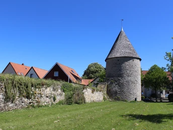 Eulenturm Eulenturm inmitten grüner Wiese und blauer Himmel, historische Steinstruktur mit markantem Dach.