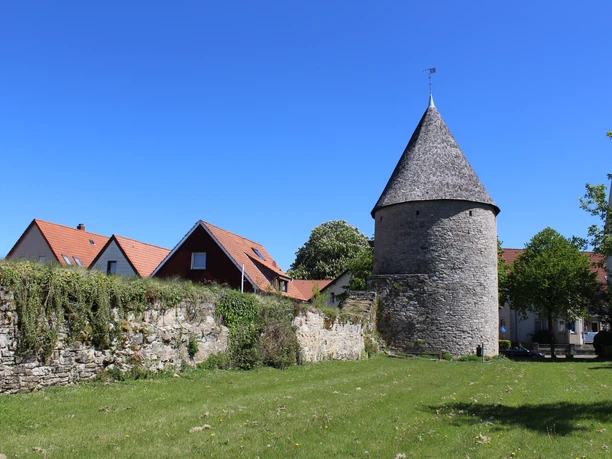 Eulenturm Eulenturm inmitten grüner Wiese und blauer Himmel, historische Steinstruktur mit markantem Dach.