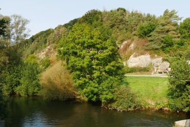 Schwiemelkopf an der Diemel Grüne Landschaft am Flusslauf der Diemel, umgeben von bewaldeten Hügeln und Kalkfelsen.