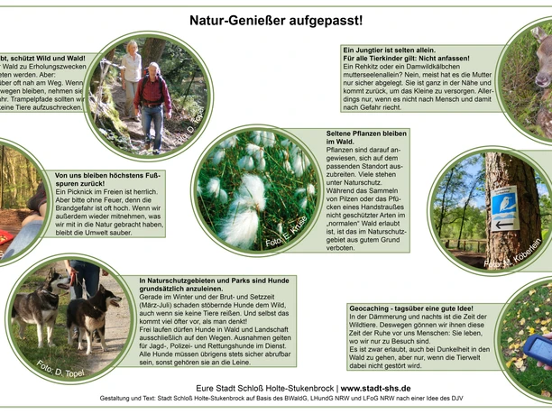 Informationsschild mit Naturschutz-Hinweisen, Bildern von Tieren und Menschen im Teutoburger Wald.