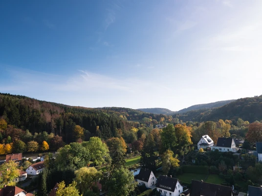 Berlebeck Herbstliche Landschaft mit am Waldrand; Blick über Wohnsiedlung mit Bäumen unter strahlend blauem Himmel.