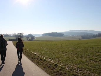 Zwei Menschen spazieren auf einem ländlichen Weg, umgeben von weiten Wiesen und sanften Hügeln.