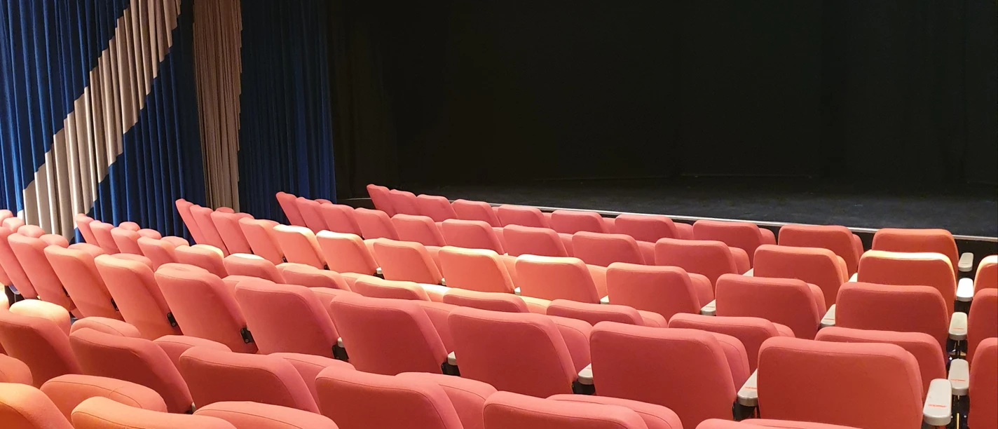 Das Bild zeigt Theatersitzplätze und die Bühne
