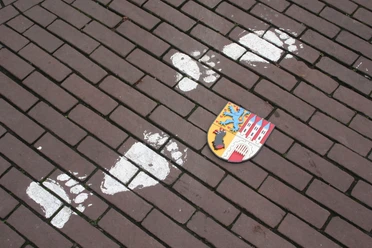 Nienburger Bärenspur Spur von Bärentatzen und Stadtwappen auf gepflastertem Weg in Nienburg, Anregung zum Stadtrundgang.