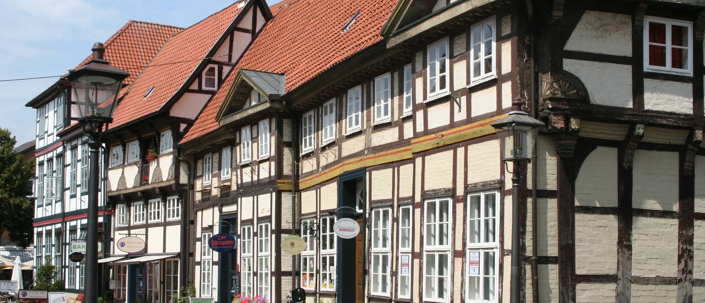 Altstadt Nienburg Bindingsværkshuse med røde tegltage i den historiske gamle bydel i Nienburg på en solrig dag.