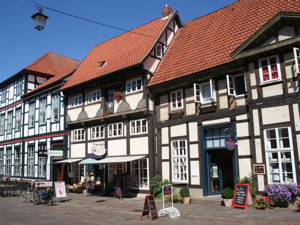 Several well-preserved half-timbered houses with colorful facades line a sunny, cobbled street.