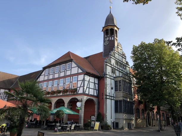 Nienburg town hall with half-timbered building and clock tower, surrounded by trees and a café in the foreground.