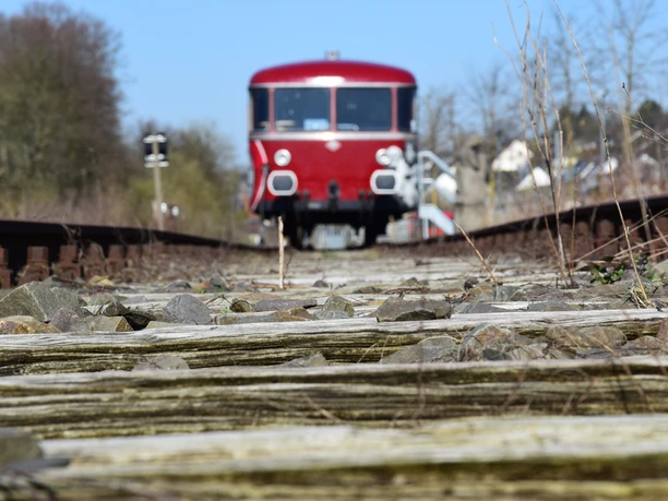 historischer Schienenbus Roter Zug auf verlassenem Bahngleis mit unscharfem Hintergrund, umgeben von bewachsenen Gleisen.