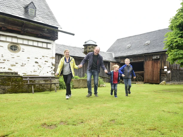 A family walks hand in hand across a green meadow in front of traditional buildings.