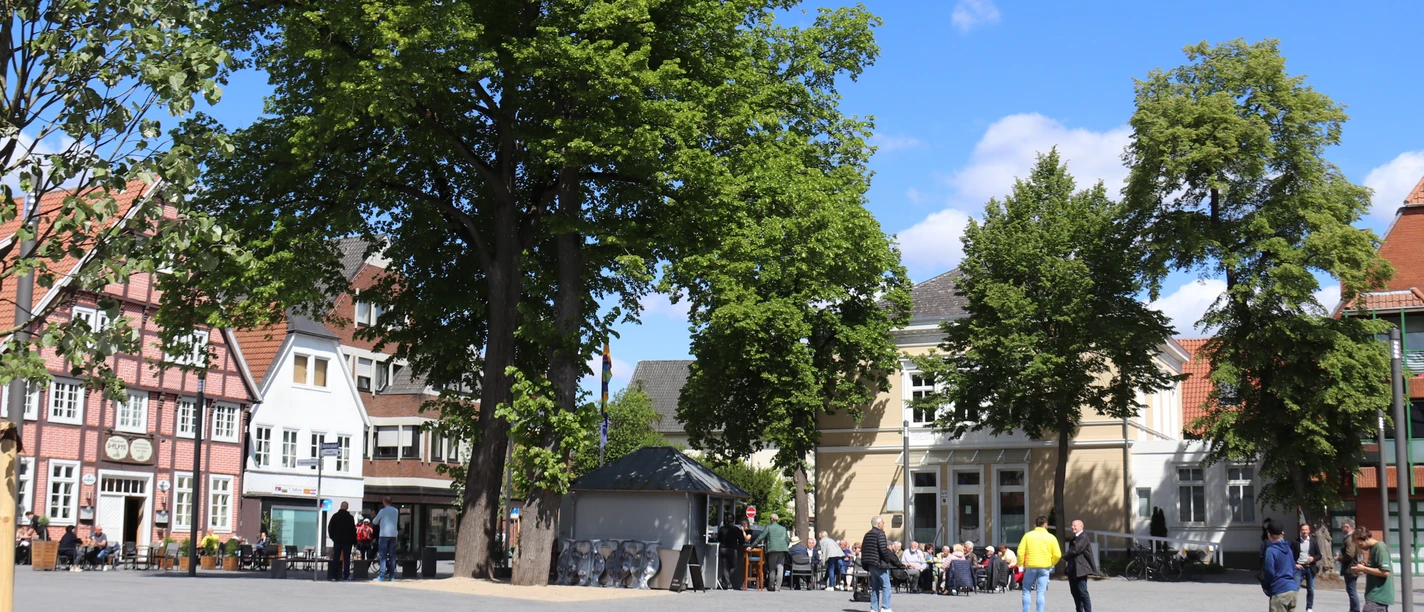 Ein belebter Marktplatz mit historischen Gebäuden, großen Bäumen und Menschen, die flanieren und sitzen.