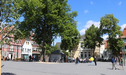 Doktorplatz_Linden.JPG Ein belebter Marktplatz mit historischen Gebäuden, großen Bäumen und Menschen, die flanieren und sitzen.