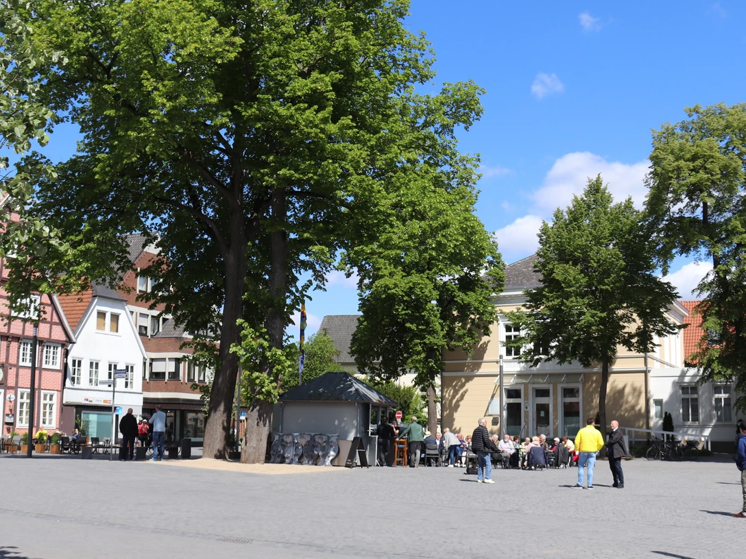 Doktorplatz_Linden.JPG Ein belebter Marktplatz mit historischen Gebäuden, großen Bäumen und Menschen, die flanieren und sitzen.