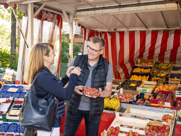 wochenmarkt-bad-zwischenahn-obst.jpg Ein Wochenmarktstand mit frischem Obst: Verkäufer reicht einer Kundin lächelnd Erdbeeren.