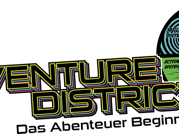 Das Bild zeigt das bunte, dynamische Logo des Adventure Districts. Es kombiniert grafische Elemente von fünf einzigartigen Erlebnisthemen: 3D Illusion, Action, 3D Blacklight, Magic L und Laser District. Zusammen mit dem Schriftzug „Adventure District“ vermittelt das Design einen Eindruck von Spaß, Abenteuerlust und Vielfalt. Ideal für all jene, die auf der Suche nach spannenden und kreativen Freizeitaktivitäten sind.