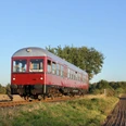 Bleckeder-kleinbahn-triebwagen-foto_ccbysa_foto©Bleckeder-kleinbahn.jpg Ein roter historischer Triebwagen der Bleckeder Kleinbahn fährt auf Gleisen durch eine ländliche Herbstlandschaft.