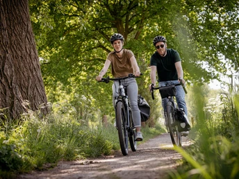 Grenzgaengerroute_Radfahren_Christoph Steinweg_15_teuto.jpg Zwei Radfahrer mit Helmen fahren auf einem sonnigen Waldweg, umgeben von üppigem Grün.