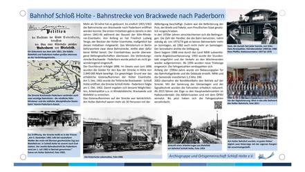 Infotafel über die Bahnstrecke von Brackwede nach Paderborn mit historischen Fotos und Textdokumenten.