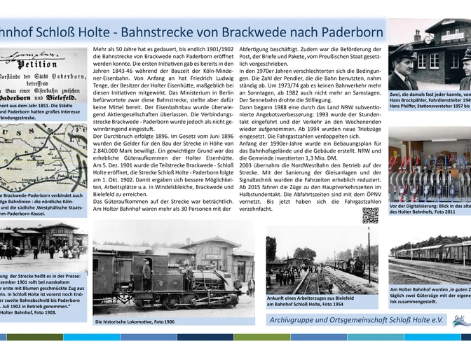 Infotafel Bahnhof Schloss Holte_©_Teutoburger_Wald_Stadt_SHS_Archivgruppe.jpg Infotafel über die Bahnstrecke von Brackwede nach Paderborn mit historischen Fotos und Textdokumenten.