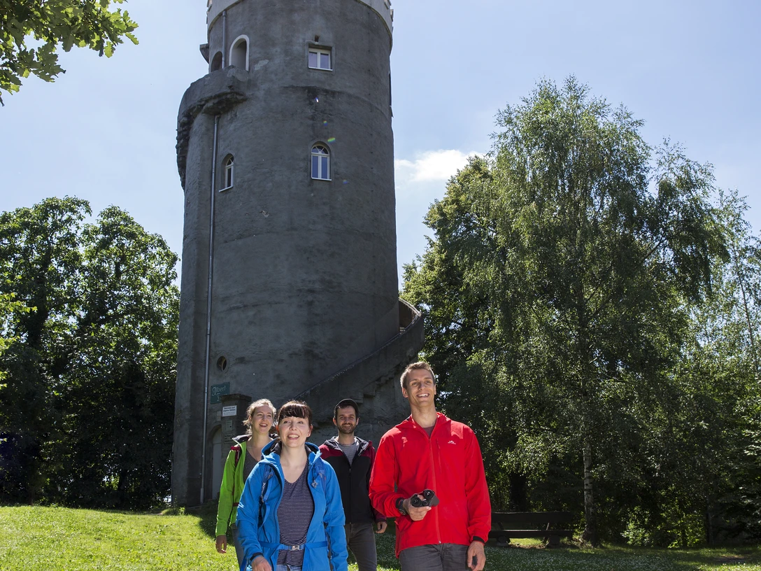 Albertturm Collm Wermsdorf - Wandern in der Leipzig Region Eine Gruppe von Wanderern am Albertturm im Collm, einem Waldgebiet in Wermsdorf bei Sonnenschein und blauem Himmel, Wandern, Aktiv, Natur, Region