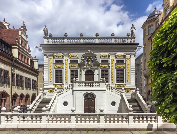 Alte Handelsbörse auf dem Naschmarkt - Sehenswürdigkeiten in Leipzig Blick auf die Alte Handelsbörse auf dem Naschmarkt nahe des Alten Rathaus, Messestadt, Kultur, Sehenswürdigkeiten, Geschichte