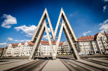 Alte Messe - Sehenswürdigkeiten in Leipzig Blick auf das Doppel M der Alten Messe das im Jahr 2017 sein 100-jähriges Jubiläum gefeiert hat, Messestadt, Sehenswürdigkeiten, Freizeiteinrichtungen in Leipzig