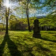 Alter Johannisfriedhof - Kultureinrichtungen in Leipzig Blick über die Wiese und die Bepflanzung des Johannisfriedhofs sowie die Backsteingebäude im Hintergrund