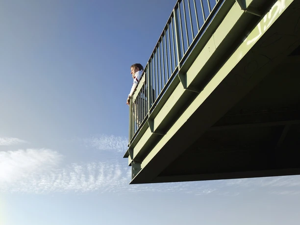 On voit une ligne d'horizon verte et un ciel bleu, et au premier plan, une plate-forme d'observation de la Wackelturm dans la vallée des roses, Leipzig cachée, Leipzig verte, nature, repère, point de vue