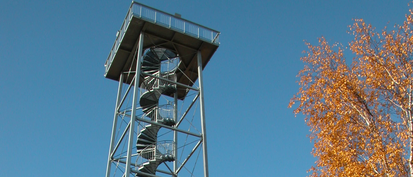 Hochhalde in Rötha - Sehenswürdigkeiten in der Leipzig Region Der stählerne Aussichtsturm ragt aus den Baumwipfeln heraus, Ausflugsziel