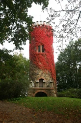 Bismarckturm im Jutta-Park Höfgen - Sehenswürdigkeiten in der Leipzig Region Mit herbstlichem Efeu bewachsener Aussichtsturm im Park, Naturerlebnisse, Aussichtstürme, Ausflugsziele, Natur, Freizeit