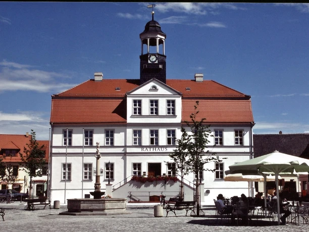 Vue frontale de l'hôtel de ville de Bad Düben avec son toit de tuiles rouges et son ciel bleu, curiosités, architecture, histoire