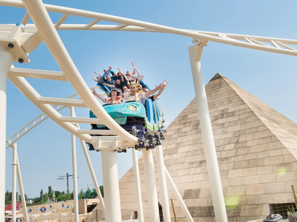 The Cobra of Amun Ra roller coaster at Belantis amusement park, the adventure realm with the highest pyramid in Europe, leisure facility, family, adventure