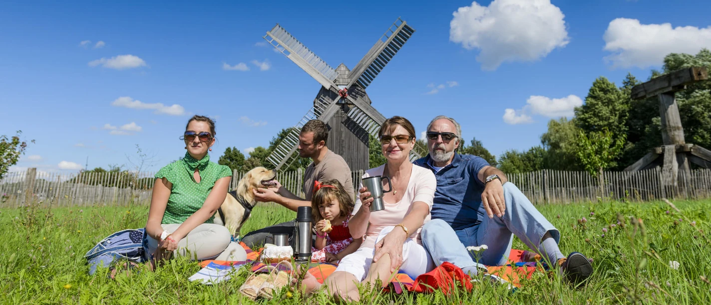 A family picnics on a lush green meadow in front of the historic windmill in Bad Düben, Industrial heritage, Region, Leipzig with children