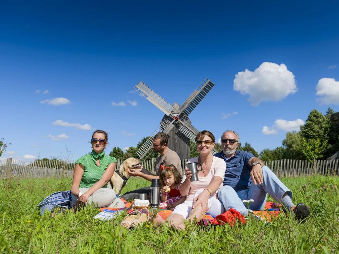 Bockwindmühle Bad Düben - Industriekultur in der Leipzig Regionie Vor der historischen Bockwindmühle in Bad Düben sitzt eine Familie beim Picknick auf einer satten grünen Wiese, Industriekultur, Region, Leipzig mit Kindern