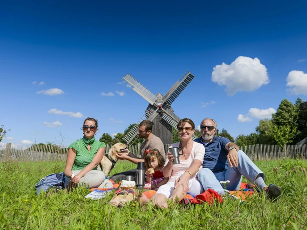 Bockwindmühle Bad Düben - kultura przemysłowa w regionie Lipska Rodzinny piknik na zielonej łące przed zabytkowym wiatrakiem Bock w Bad Düben, Dziedzictwo przemysłowe, Region, Lipsk z dziećmi