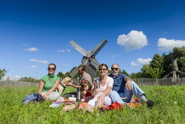 Před historickým větrným mlýnem v Bad Dübenu sedí rodina na pikniku na svěží zelené louce, průmyslová kultura, region, Lipsko s dětmi