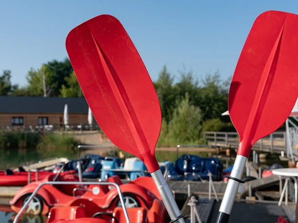 Bootsverleih am VINETA-Bistro - Leipziger Neuseenland Zwei rote Paddel kreuzen sich, im Hintergrund Tretboote auf dem Verleihgelände, leipziger neuseenland, aktiv, wassersport