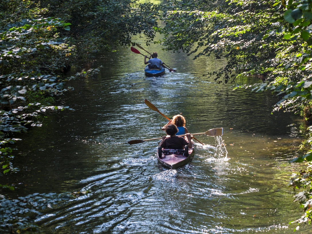 Bootsverleih Herold - Freizeiteinrichtungen in Leipzig Blick auf einen Fluss zwischen Waldbäumen auf dem Kanufahrer eine Bootstour mit Kanus des Bootsverleih Herold machen, Freizeitanbieter, Erlebnis, Freizeiteinrichtungen in Leipzig, Wassersport